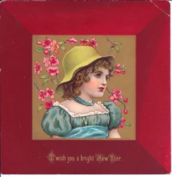 Viktorianische Weihnachtskarte eines Mädchens in Regency-Kleidung mit einem Blumenstrauß, ca. 1880