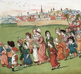 Eine Menge Mütter und Kinder fliehen aus dem Dorf. Illustration von Kate Greenaway (1846-1901) aus dem Buch der Märchen und Kinderreime "Unter dem Fenster" (1879), herausgegeben von Edmund Evans