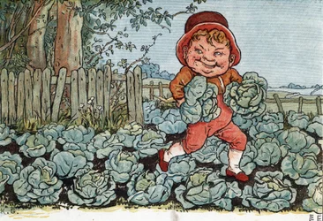 Ein Gnom stiehlt Kohl aus einem Gemüsegarten. Illustration von Kate Greenaway aus dem Buch der Geschichten und Kinderreime „Under The Window“ (1879), herausgegeben von Edmund Evans.