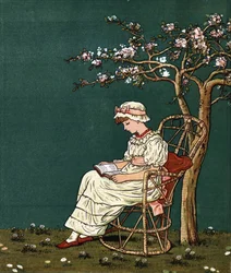 Ein kleines Mädchen liest unter einem Flieder. Illustration von Kate Greenaway (1846-1901) aus dem Buch der Märchen und Kinderreime "Unter dem Fenster" (1879), herausgegeben von Edmund Evans