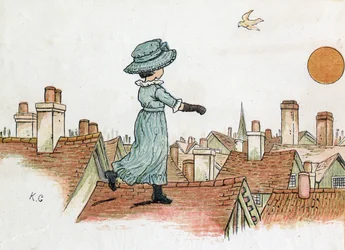 Ein kleines Mädchen geht frühmorgens auf den Dächern einer Stadt der Sonne entgegen. Illustration von Kate Greenaway (1846-1901) aus dem Buch der Märchen und Kinderreime „Under The Window“ (1879), herausgegeben von Edmund Evans.