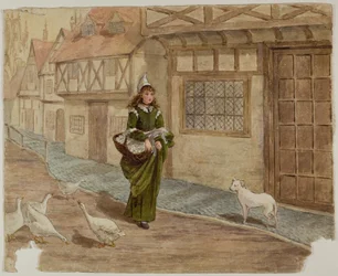 Mädchen mit Eiern und Gänsen
