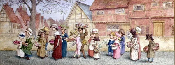 Prozession von sechzehn Kindern, die Blumen tragen, ca. 1876