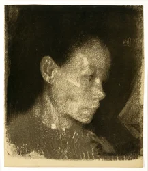 Kopf einer arbeitenden Frau im Dreiviertelprofil nach rechts gewandt, 1905