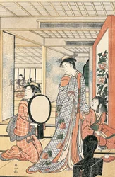 Frau vor dem Spiegel, von Katsukawa Shunsho (1726-1792), Japanische Zivilisation