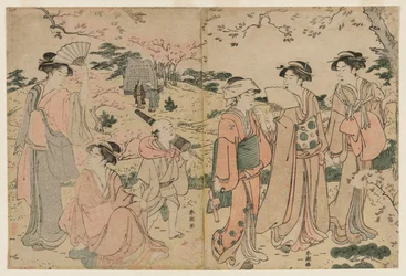 Frauen betrachten Kirschblüten in Asukayama, 1780er Jahre