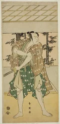 Der Schauspieler Ichikawa Omezo I als Bootsmann Takihei (?) im Stück Ofunamori Ebi no Kaomise (?), aufgeführt im Kawarazaki-Theater (?) im elften Monat, 1792 (?)