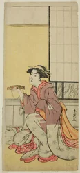 Der Schauspieler Iwai Hanshiro IV als Yae (?), im Stück Sugawara Denju Tenarai Kagami (?), aufgeführt im Kiri-Theater (?) im siebten Monat, 1788 (?)