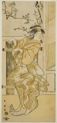 Der Schauspieler Segawa Kikunojo III als Kojoro-gitsune (weiblicher Fuchs) verkleidet als Omiki im Stück Komachi-mura Shibai no Shogatsu, aufgeführt im Nakamura-Theater im elften Monat, 1789