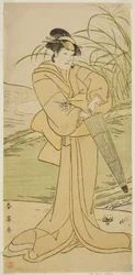 Der Schauspieler Yamashita Kinsaku II als Okaya im Stück Yomogi Fuku Noki no Tamamizu, aufgeführt im Kiri-Theater im fünften Monat, 1795