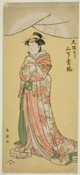 Der Schauspieler Yamashita Kinsaku II als Dienstmädchen Tsumagi im Stück "Otokyama O-Edo no Ishizue," aufgeführt im Kiri Theater im elften Monat, 1794