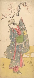 Der vierte Iwai Hanshiro als junges Mädchen, das an einer Holzbank steht, ca. 1790