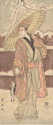 Der vierte Matsumoto Koshiro als ein Mann, der unter einem Regenschirm geht