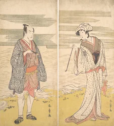Zwei Schauspieler: der vierte Matsumoto Koshiro als ein Mann in einem kurzen Kimono [links]
