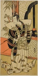 Der Schauspieler Ichikawa Danjuro V als Kajiwara Heiji (?) im Stück Hiragana Seisuiki (?), aufgeführt im Morita-Theater (?) im dritten Monat, 1776 (?)