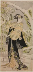 Der Schauspieler Iwai Hanshiro IV als Lady Yaehata im Stück Sanga no Sho Haru no Hanayome, aufgeführt im Kiri-Theater im elften Monat, 1787