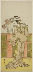 Der Schauspieler Iwai Hanshiro IV als Umegae verkleidet als die Wahrsagerin Omatsu im Stück Mukashi Otoko Yuki no Hinagata, aufgeführt im Ichimura Theater im elften Monat, 1781