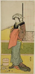 Der Schauspieler Nakamura Riko I als Moshio (?) im Stück Honda Yayoi Meoto Junrei (?), aufgeführt im Ichimura Theater (?) im siebten Monat, 1778 (?)
