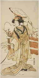 Der Schauspieler Yoshizawa Ayame IV als Yadorigi, die Schwester von Nikaido Shinanosuke, verkleidet als Orie, die Frau von Aoto Magosaburo, in Teil Zwei des Stücks Motomishi Yuki Sakae Hachi no Ki (Aufblicken zum fallenden Schnee: Gedeihende Topfbäume), au