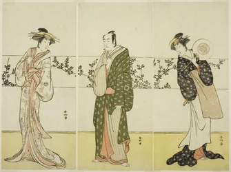Die Schauspieler Osagawa Tsuneyo II (rechts), Ichikawa Monnosuke II (Mitte) und Segawa Kikunojo III (links), möglicherweise als Misao Gozen, Matsuya Soshichi und die Kurtisane Kojoro von Hakata, im Stück Chiyo no Hajime Ondo no Seto (Anfänge der Ewigkeit: 