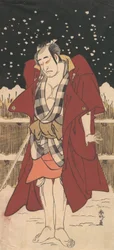 Onoe Matsusuke als bewaffneter Mann, der im Schnee vor einem Zaun steht, 1786