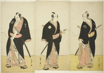 Schauspieler Ichikawa Danjūrō V als Gokuin Sen’emon, Bandō Mitsugorō I als An no Heibei und Nakamura Sukegorō II als Kaminari Shōkurō in „Ein Soga-Drama am ersten Festtag im Vergnügungsviertel“ („Hatsumombi Kuruwa Soga“)