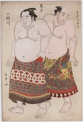 Ganzkörperporträts von Ringern aus der östlichen Gruppe, Uzugafuchi rechts und Onogawa links