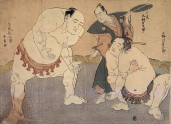 Onagawa Kisaburo und Tanikaze Kajinosuke führen den Shiriki im Dohyo auf, geleitet von Kimura Shonosuke