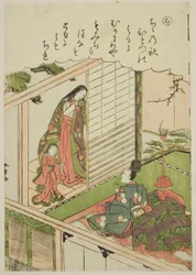 "Ra": Narihira bittet eine ehemalige Geliebte um ein Gemälde, aus der Serie "Geschichten von Ise in modischen Brokatbildern (Furyu nishiki-e Ise monogatari)"