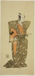Der Schauspieler Bando Mitsugoro I als Soga no Juro Sukenari (?) im Stück Shuen Soga Omugaeshi (?), aufgeführt im Ichimura-Theater (?) im zweiten Monat, 1768 (?)