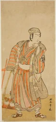 Der Schauspieler Bando Mitsugoro I als Taira no Tadamori verkleidet als Topfpflanzenverkäufer im Stück Sakuya Kono Hana no Kaomise, aufgeführt im Nakamura-Theater im elften Monat, 1776