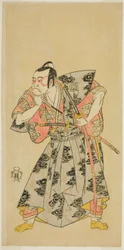 Der Schauspieler Ichikawa Danzo III als Fuwa Banazemon im Stück Date Moyo Kumo ni Inazuma, aufgeführt im Morita Theater im zehnten Monat, 1768