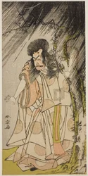Der Schauspieler Ichikawa Ebizo III. als Donnergott, eine Inkarnation von Sugawara Michizane, im Stück Sugawara Denju Tenarai Kagami, aufgeführt im Ichimura-Theater im achten Monat 1776
