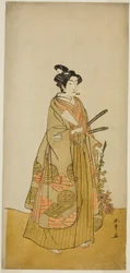 Der Schauspieler Ichikawa Monnosuke II als Kichisaburo, Tempelseite von Kichijo-ji, im Stück Sono Kyodai Fuji no Sugatami, aufgeführt im Morita-Theater im zweiten Monat, 1776