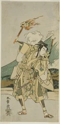 Der Schauspieler Ichikawa Monnosuke II als Soga no Goro Tokimune im Stück Haru wa Soga Akebono-zoshi (?), aufgeführt im Nakamura-Theater (?) im ersten Monat, 1772 (?)