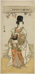 Der Schauspieler Ichikawa Monnosuke II als Hofdiener Shoheida Sadamori im Stück Masakado Kammuri no Hatsuyuki, aufgeführt im Nakamura-Theater im elften Monat, 1777