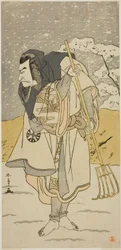Der Schauspieler Nakamura Nakazo I als Akugenda Yoshira verkleidet als Pilger, im Stück Chigo Torii Tobiiri Kitsune, aufgeführt im Ichimura-Theater im elften Monat, 1777