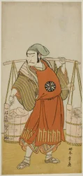 Der Schauspieler Nakamura Nakazo I als Nagasaki Kageyuzaemon verkleidet als Gorohachi der Sake-Verkäufer, im Stück Hikitsurete Yagoe Taiheiki, aufgeführt im Morita-Theater im elften Monat, 1776