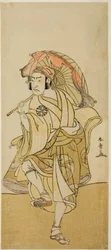 Der Schauspieler Nakamura Nakazo I als Onmaya Kisanda verkleidet als Löwentänzer Kakubei im Stück Chigo Torii Tobiiri Kitsune, aufgeführt im Ichimura-Theater im elften Monat, 1777