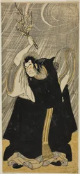 Der Schauspieler Nakamura Nakazō I. als Donnergott, eine Inkarnation von Kan Shōjō, in dem Stück „Sugawara Denju Tenarai Kagami“, aufgeführt im Morita-Theater im dritten Monat 1780