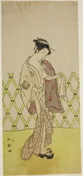 Der Schauspieler Nakamura Riko I als Hakata no Kojoro (?) im Stück Shitenno-ji Nobori Kuyo, aufgeführt im Ichimura-Theater im achten Monat, 1773