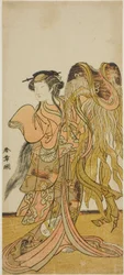 Der Schauspieler Nakamura Tomijuro I als Kurtisane Toyama von Tsuruga im Stück Keisei Tsuki no Miyako, aufgeführt im Morita-Theater im achten Monat, 1775