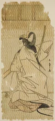 Der Schauspieler Onoe Matsusuke I als Prinz Takanori im Stück "Kaeribana Eiyu Taiheiki," aufgeführt im Nakamura-Theater im elften Monat, 1779