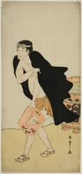 Der Schauspieler Onoe Matsusuke I als Sänftenträger Gohei im Stück Kitekaeru Nishiki no Wakayaka, aufgeführt im Nakamura-Theater im elften Monat, 1780