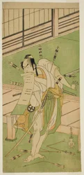 Der Schauspieler Otani Hiroji III als Weißer Fuchs verkleidet als Ukishima Daihachi im Stück Shinasadame Soma no Mombi, aufgeführt im Ichimura Theater im siebten Monat, 1770