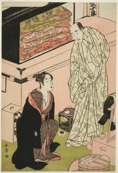Der Schauspieler Sawamura Sojuro III (rechts), in seiner Garderobe im Gespräch mit dem Schauspieler Segawa Kikunojo III (links)