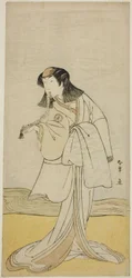 Der Schauspieler Segawa Kikunojo III als Miura no Katagai verkleidet als Nonne Narukami, im Stück Ume-goyomi Akebono Soga, aufgeführt im Ichimura-Theater im zweiten Monat, 1780