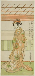 Der Schauspieler Segawa Kikunojo II als Kurtisane Maizuru im Stück Furisode Kisaragi Soga, aufgeführt im Ichimura-Theater im zweiten Monat, 1772