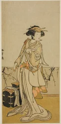 Der Schauspieler Segawa Yujiro I als Osai, eine weibliche Friseurin, im Stück Kamuri Kotoba Soga no Yukari, aufgeführt im Ichimura Theater im ersten Monat, 1776