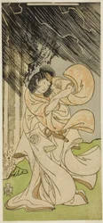 Der Schauspieler Yamashita Kinsaku II als Donnergöttin im Stück Onna Narukami, aufgeführt im Morita-Theater im ersten Monat, 1770